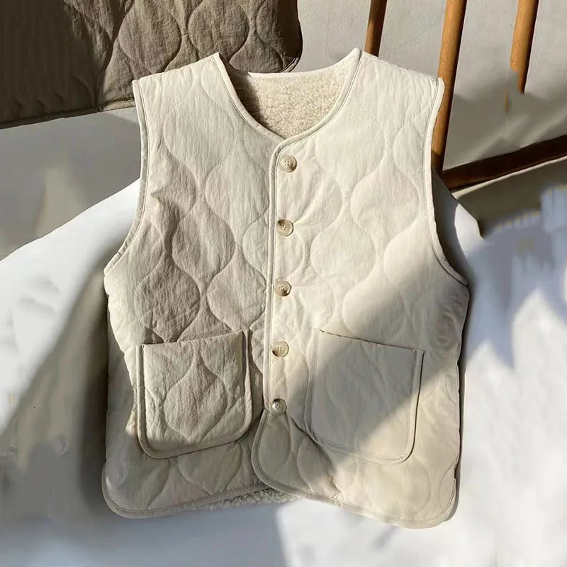 Fashion cotton vest womens cashmere warm jacket winter item large pocket loose sleeveless vest womens casual womens top 241111