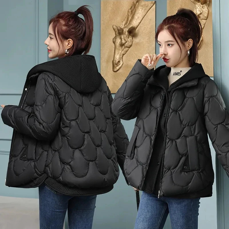 Hooded Parka TwoPiece Down Cotton Clothes Short Corrugated Burr Thick Warm CottonPadded Jacket OutCoat Lady 241108