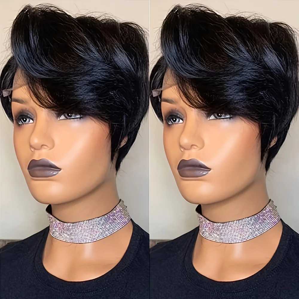 Short Curly Hair Cut Human Hair Wig 13 1 T Part Lace Human Hair 150% Density E Remy Hair 6 inches 1b30/427/Natural Black W241116