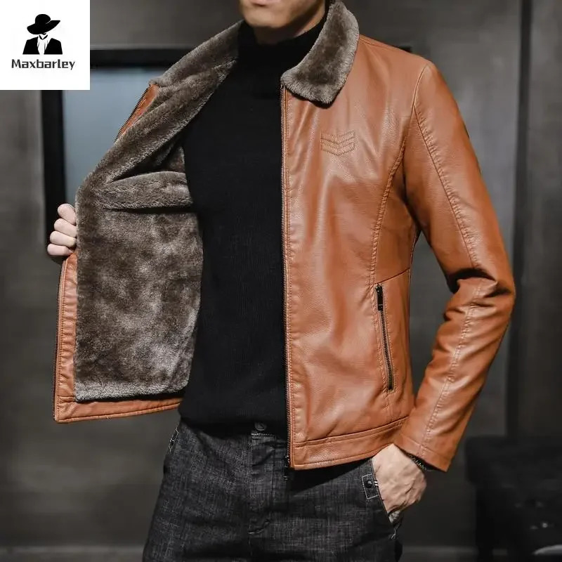 Autumn and Winter Leather Jacket Mens Business Thickened Faux Fur Collar Windproof Warm PU Coat Brand Motorcycle 241108