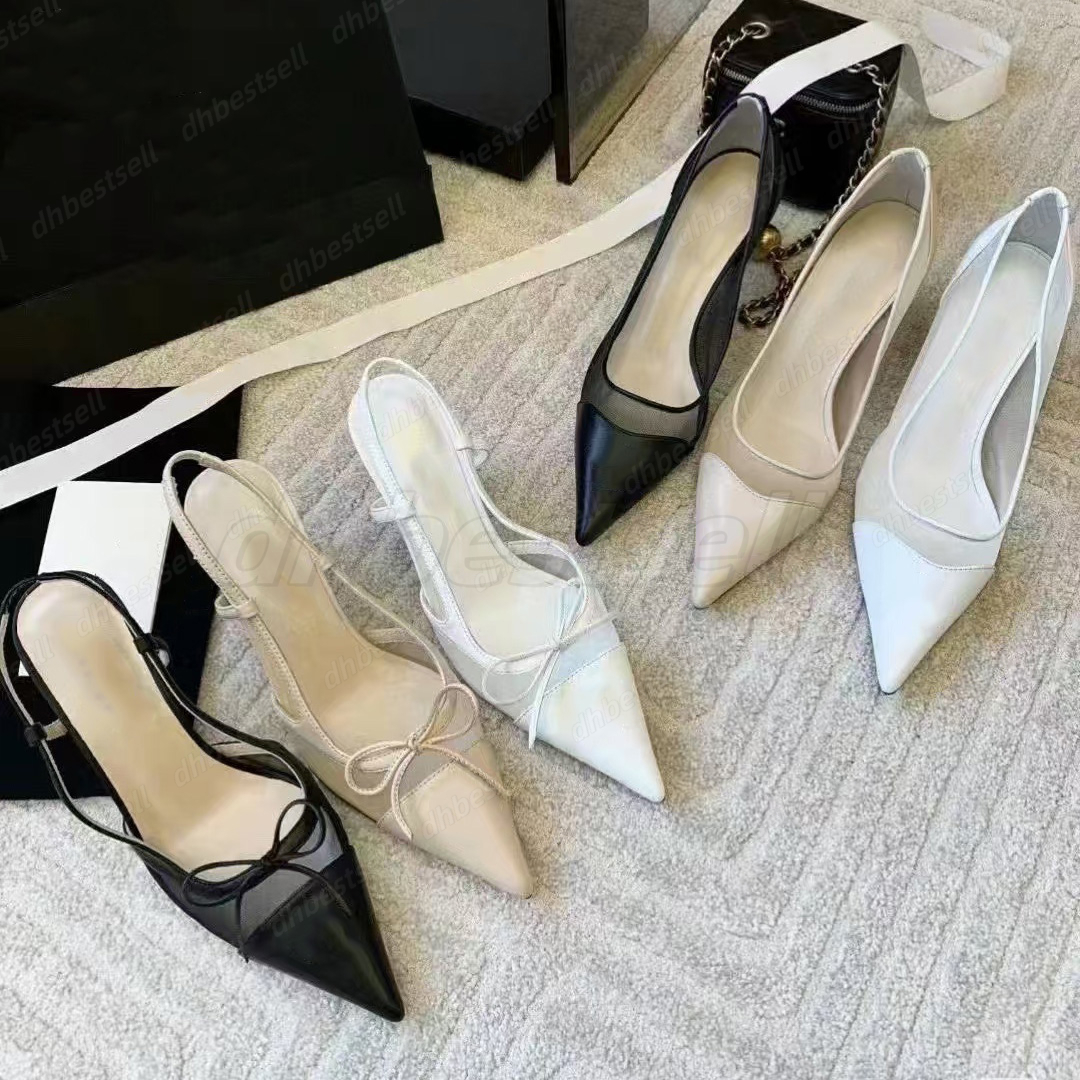 High Quality Luxury Women pumps High Heels Pointy bow mesh sexy sandals Fashion slingback Classic Kitten heel Designer Women High Quality Single Shoes size 5.5cm