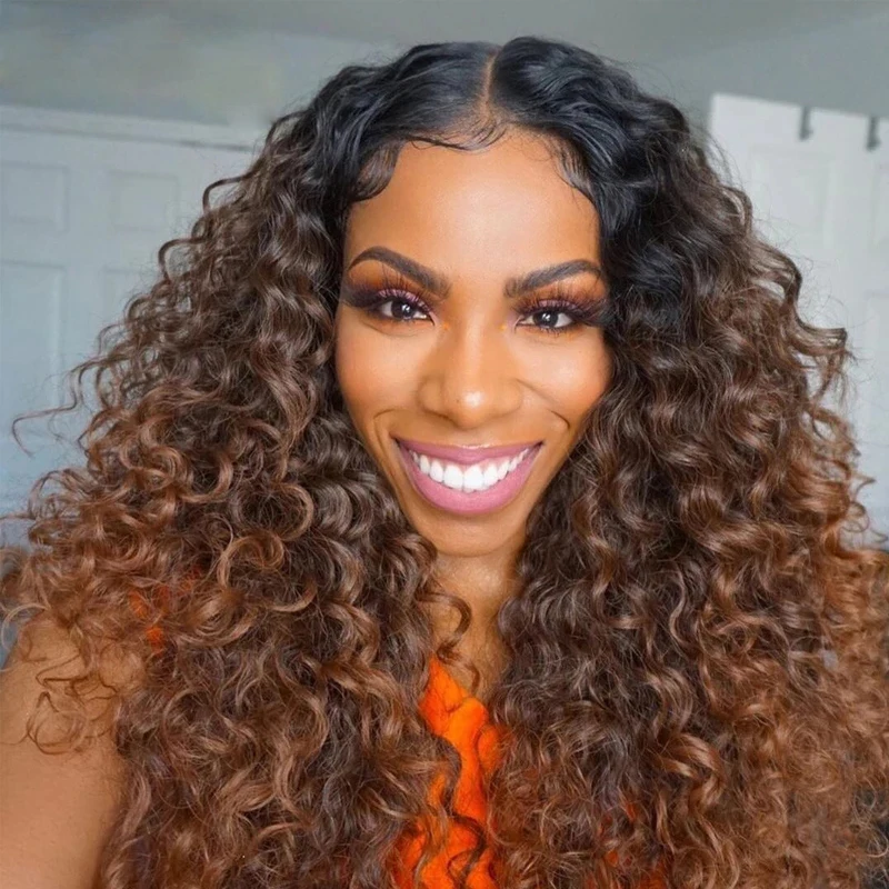 Free shipping Brazilian Ginger Brown with Black Roots Jerry Front Wig Color 1B/30 Kinky Curly Human Hair 360 Lace Frontal Glueless Synthetic Wigs