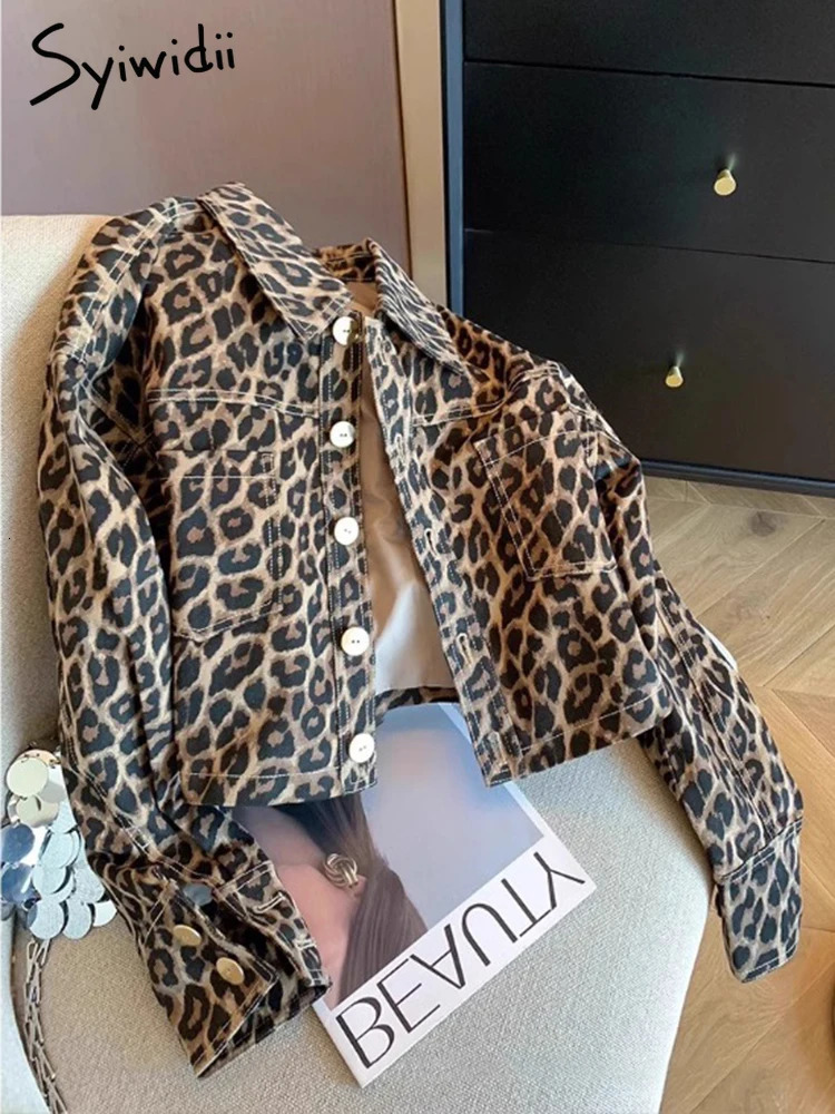 Syiwidii Womens Leopard print Jacket Flip Collar Single Chest Casual Coat Autumn Fashion Long Sleeve Womens Jeans Jacket 241115