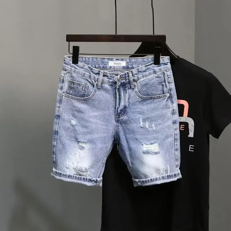 Trendy Blue Denim Shorts For Men Casual Style Slim Fit Korean Version Ripped Pockets Summer Lightweight Trousers 241115