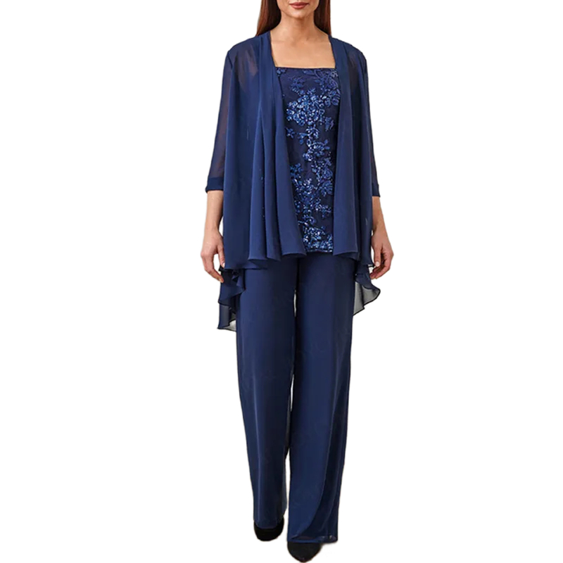 Dark Navy Chiffon Mother Of The Bride Pants Suits With Long Jacket Sequins Lace Appliques Three Pieces Wedding Guest Gown 2024 Elegant Plus Size Prom 