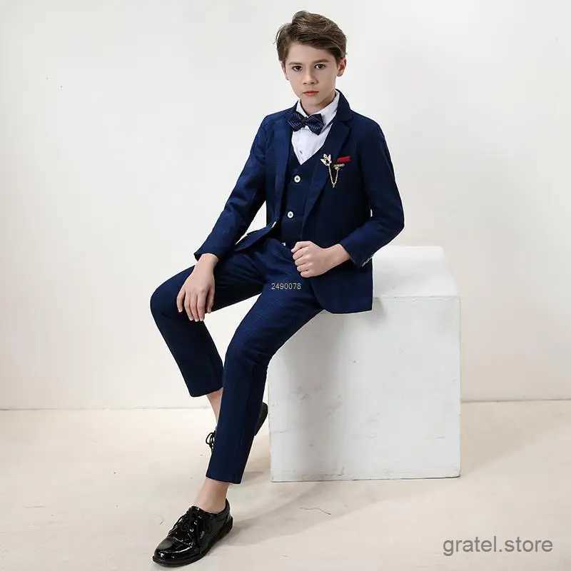 Suits Big Teenager Tuxedo Dress Children Dance Costume Flower Boy Wedding Suit Kids Formal Jacket Vest Pants 3PCS Party Photograph Set