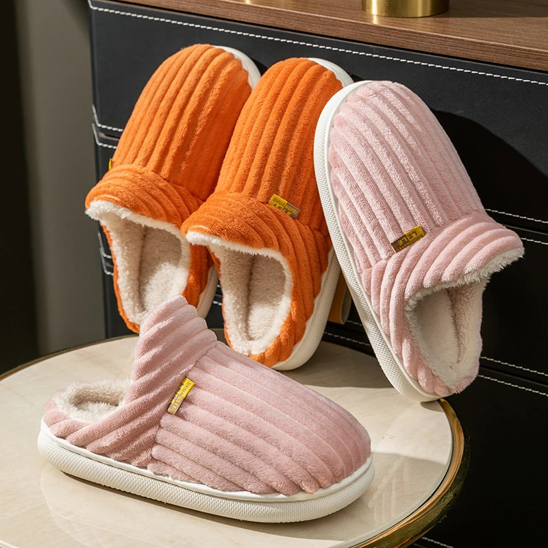 Winter Couple Style Concise Stripes Plush Slippers Ladies Nonslip Soft Warm Flip Flops Women Men Home Flat Casual Cotton Shoes 241115