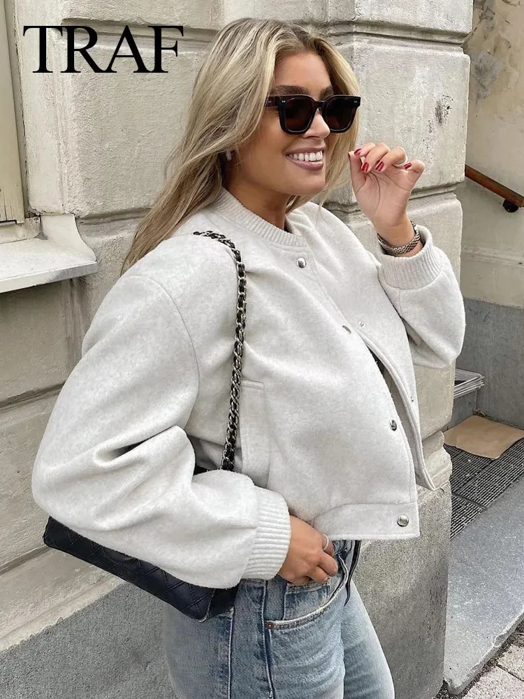 TRAF Vintage Women Soft Cropped Bomber Jacket 2023 Female Autumn Winter Woolen Cloth Woman Fashion Short Coats 241108
