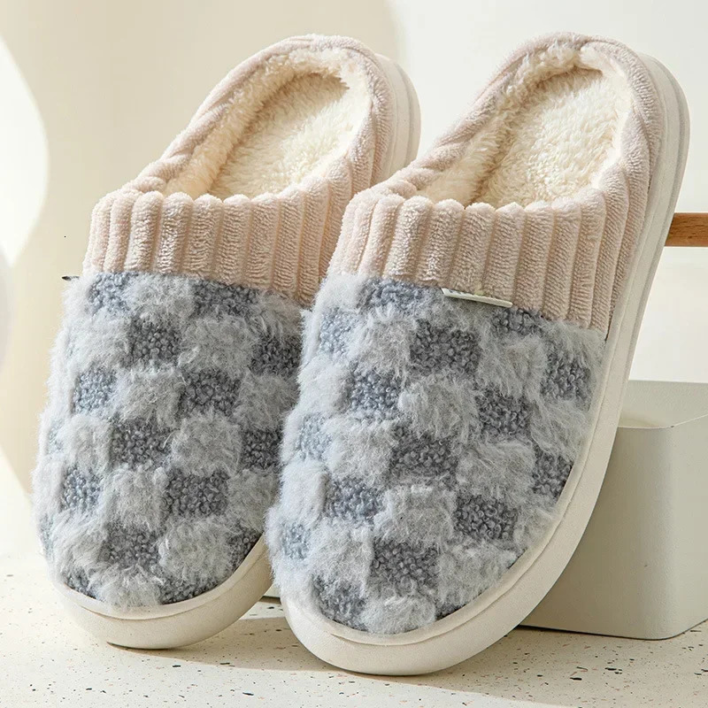 Fashion Couple Winter Flip Flops Warm Plaid Plush Slippers Soft Sole Slides Men Women Indoor Floor Home Nonslip Cotton Shoes 241115
