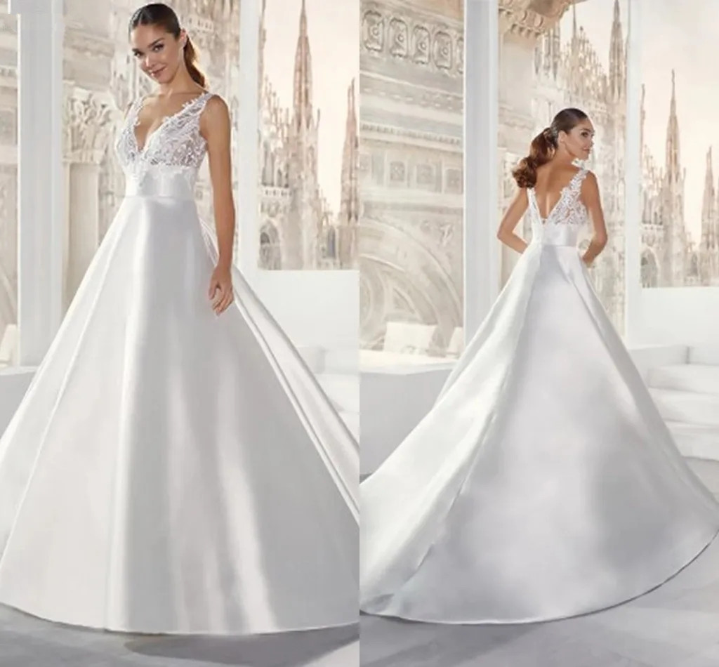 Minimalist Simple Satin A Line Wedding Dresses Lace V Neck Sexy Bridal Gowns With Long Train Plus Size Vestidos De Novia Low Back Maternity Bridal Par