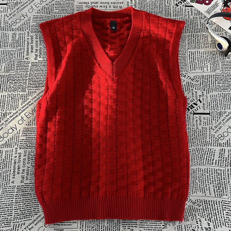 Simple Jacquard Horizontal Checkered Pattern Vest Cotton Soft Yarn Men Knitted Sweater Trendy Shoulder n VNeck Sweate 241115