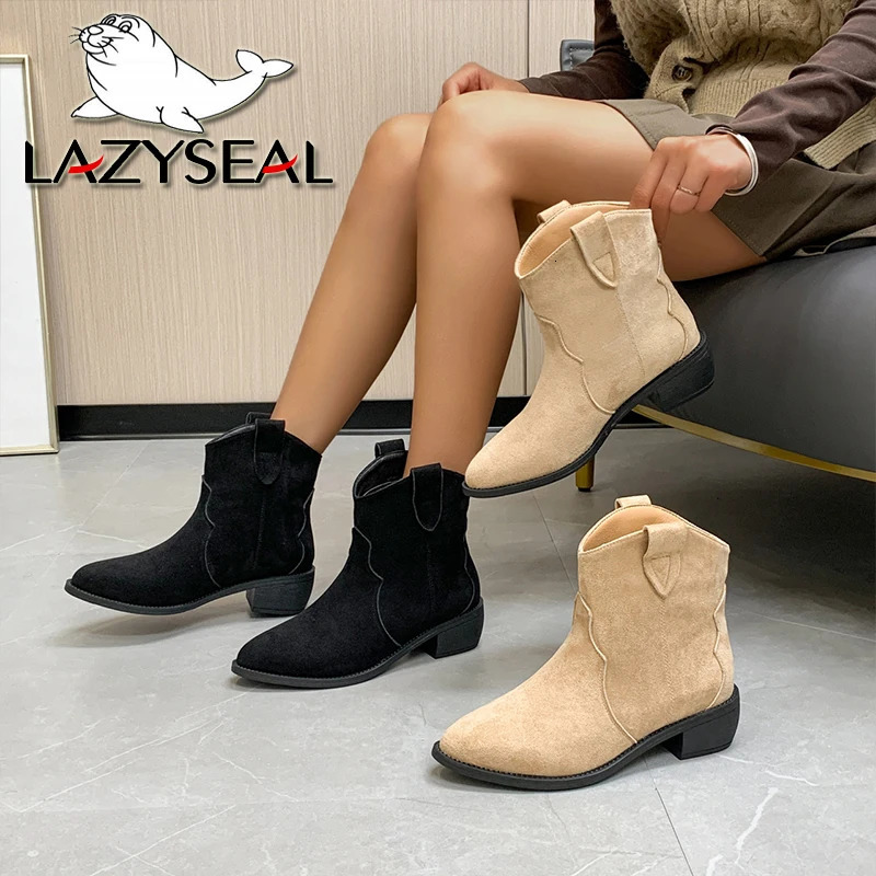 LazySeal 4.5cm High Heels Soft Suede Solid Color Womens Autumn Shoes Mid calf Breathable Motorcycle Boots Plus Size 43 241115