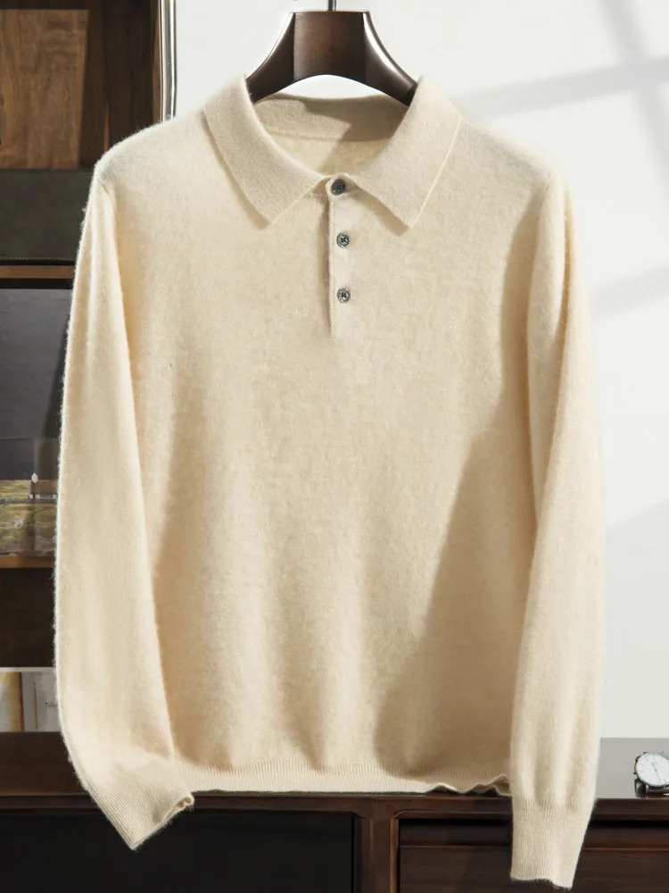 100% pure cashmere sweater with a lapel collar mens polo neck knitted floral patterns highend bottom shirt for business and leisure autumn loose thick