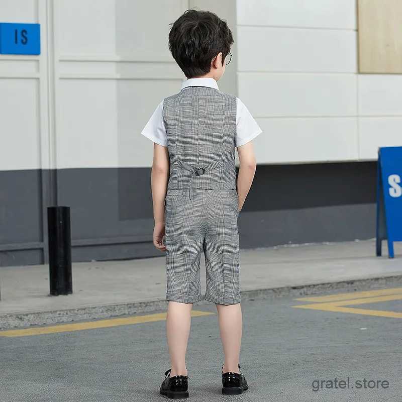 Suits Gentleman Kids School Performance Dress Children Graduation Clothing Set Boys Summer Vest+Short+Bowtie 3Pcs Formal Wedding Suit