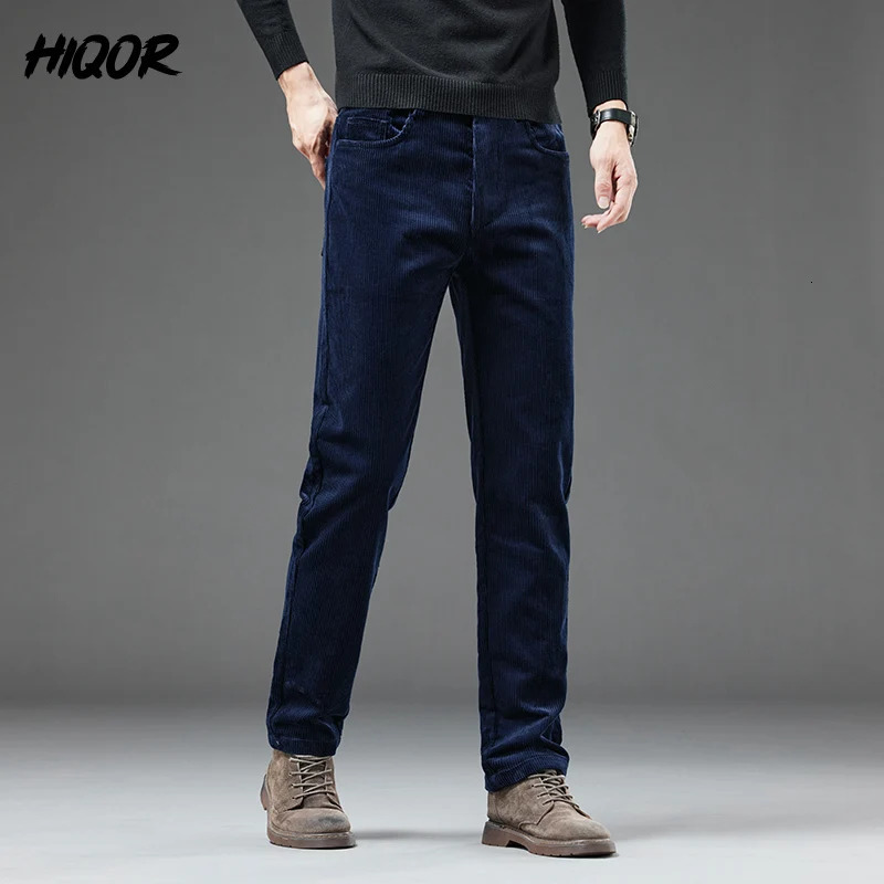 HIQOR Mens Corduroy Pants Winter Thick Warm Business Straight Casual Fashion Korean Wool Green Pocket 241115