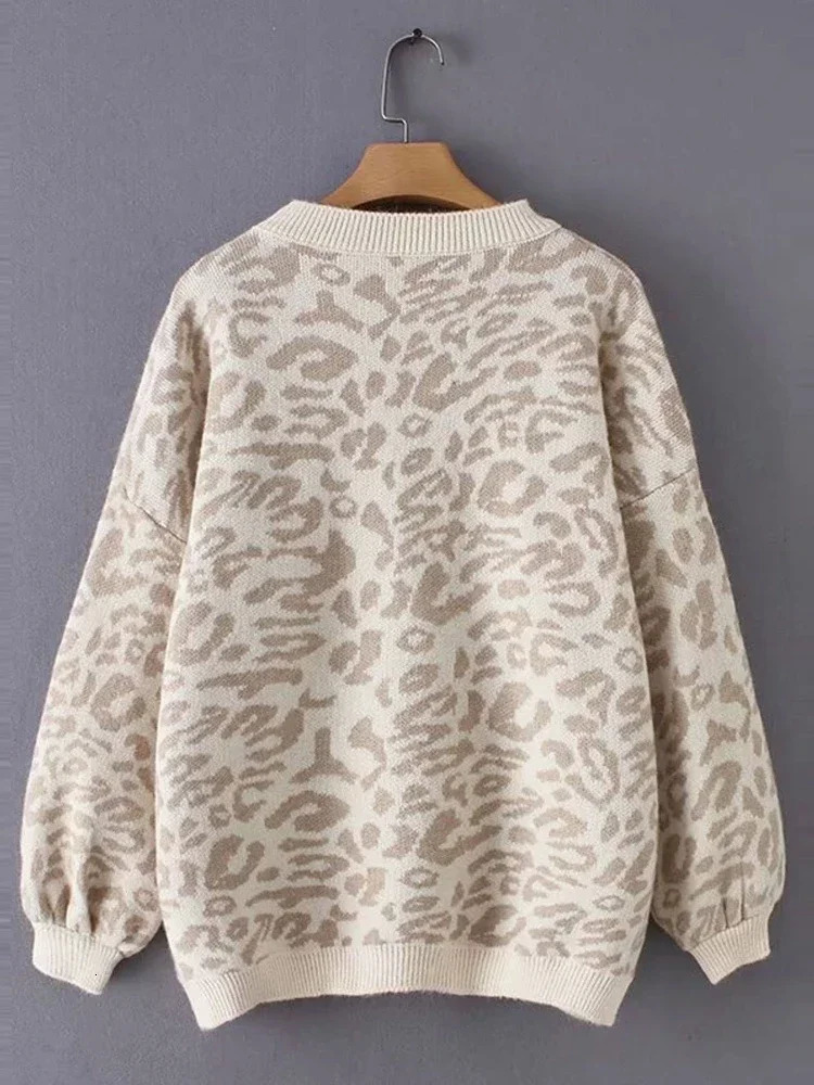 autumn loose round neck zipper leopard print lantern long sleeved sweater for women fashionable knitted top office womens clothing 241115