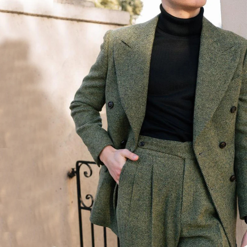 Mens Wedding Suit Herringbone Double Breasted Formal Lapel 2 Piece Full Elegant Slim Fit 241115