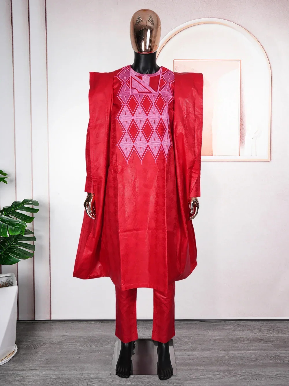 African Clothes for Men Dashiki Tradition Outfit Robe Embroidery Red Tops Pants Suits Bazin Muslim Wedding Party Clothing 241116