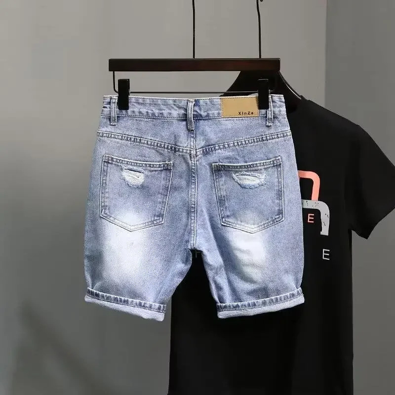 Trendy Blue Denim Shorts For Men Casual Style Slim Fit Korean Version Ripped Pockets Summer Lightweight Trousers 241115