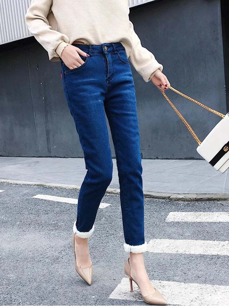 Winter Pencil Jean Thicken Lamb Fluff Skinny Denim Pants High Waist Warm Lambwool Lined Stretch Vaqueros Big Size 34 241115