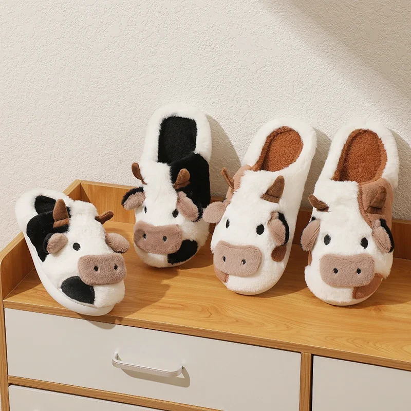 Winter Unisex Cartoon Cow Warm Plush Slippers Couples Indoor Nonslip House Mule Men And Women Toe Wrap Home Cotton Shoes 241115