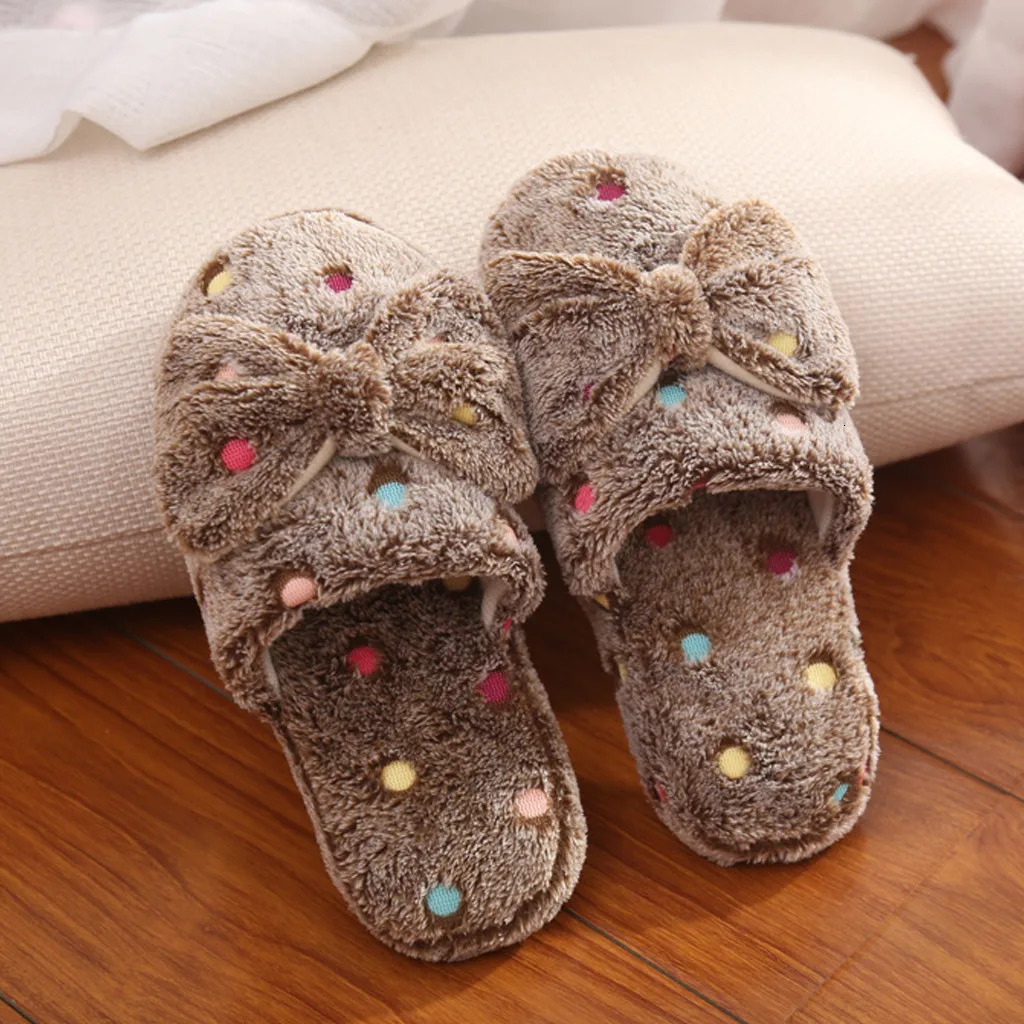 Womens Warm Home Slippers Cute Autumn Winter Bow Warmth Thick Plush NonSlip Leisure Shoes Soft Bedroom Floor Flat Slides 241115