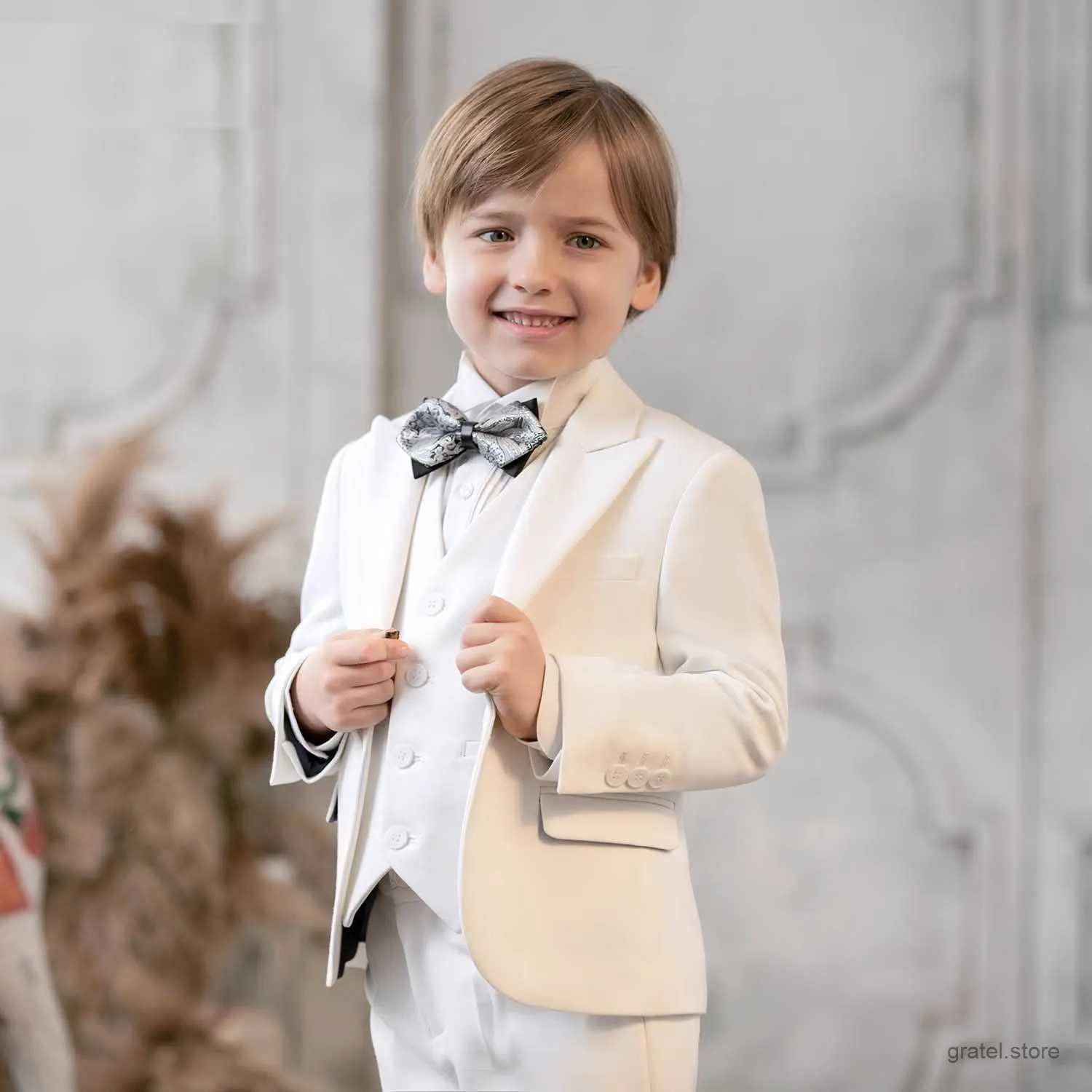 Suits Flower Boys White Baptism Party Dress Children Jacket Vest Pants 3PS Ceremony Photograph Suit Kids Piano Performance Costume