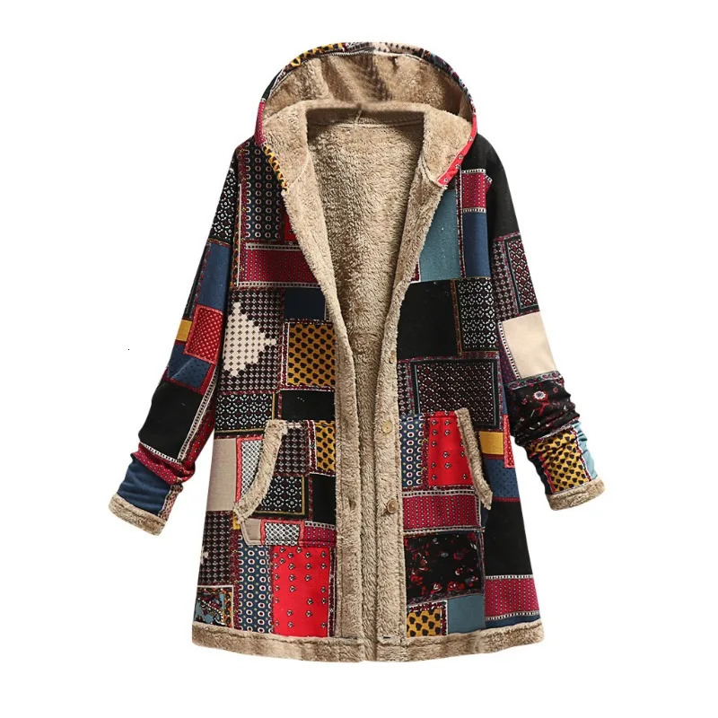 2023 Winter Vintage Women Coat Warm Printing Thick Fleece Hooded Long Jacket with Pocket Outwear Loose Jackets 241108