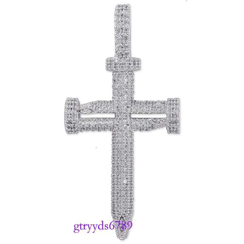 Fashion- & White Gold Bg Cubic Zirconia Nail Cross Pendant Necklace Couples Iced Out Valentine Day Hip Hop Jewelry Gifts for Lovers