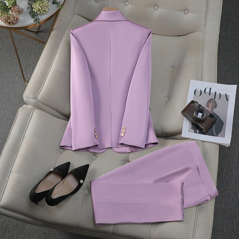 NAVIU Purple Set Womens SpringSummer Autumn Temperature Fashion Ultra Thin Long Sleeve Jacket and Pants Office Work Clothes Black 241115