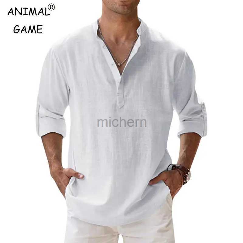 QF5S Men's Casual Shirts New Mens Cotton Linen Long Sleeve Button Down Shirt Band Collar Loose Tops M-5XL 240417