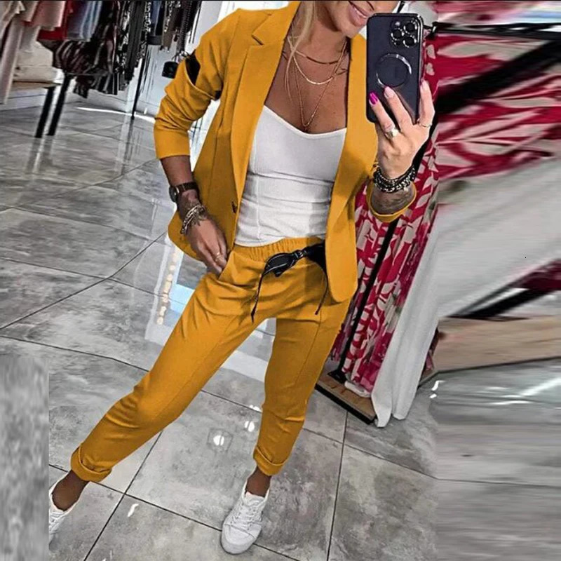 Autumn solid twopiece set jacket elegant office lapel single button womens winter casual lace pants 241115