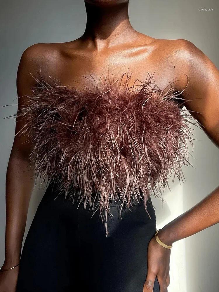 Womens Tanks 2024 Fur Feather Strapless Tube Tops For Women Party Fashion Bustier Cute Top Y2k Club Sexy Mini Fluffy Corset