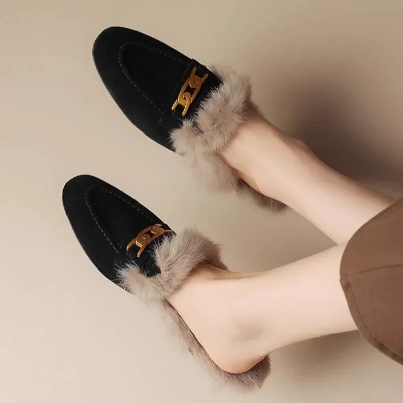 Winter Women Suede Warm Fur Slippers Mules Flats Shoes 2025 Short Plush Flip Flops Cotton Shoes Mujer 241115