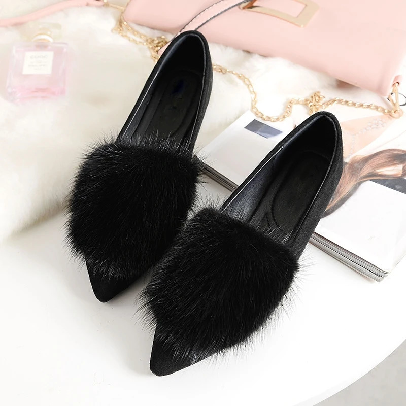 genuine leather mint fur leather shoes womens soft soled warm single shoes ballet dancer Mokasin wool sweater winter wool dot flat 241115