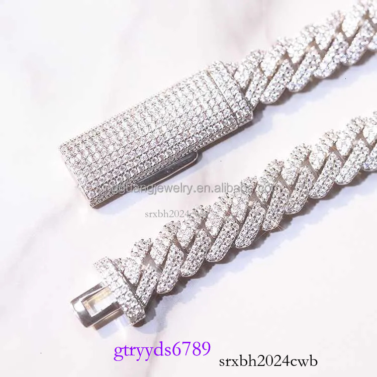S Solid Sier Chain Jewelry 2rows 10mm 12mm Width GRA Moissanite Dia Cuban k chain Hip Hop Necklace