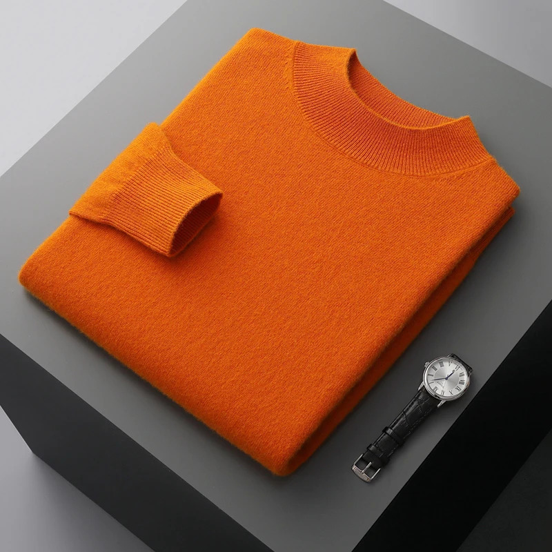 100% pure cashmere sweater mens semi high neck solid color floral fashion knitted underwear autumn and winter long sleeved 241115