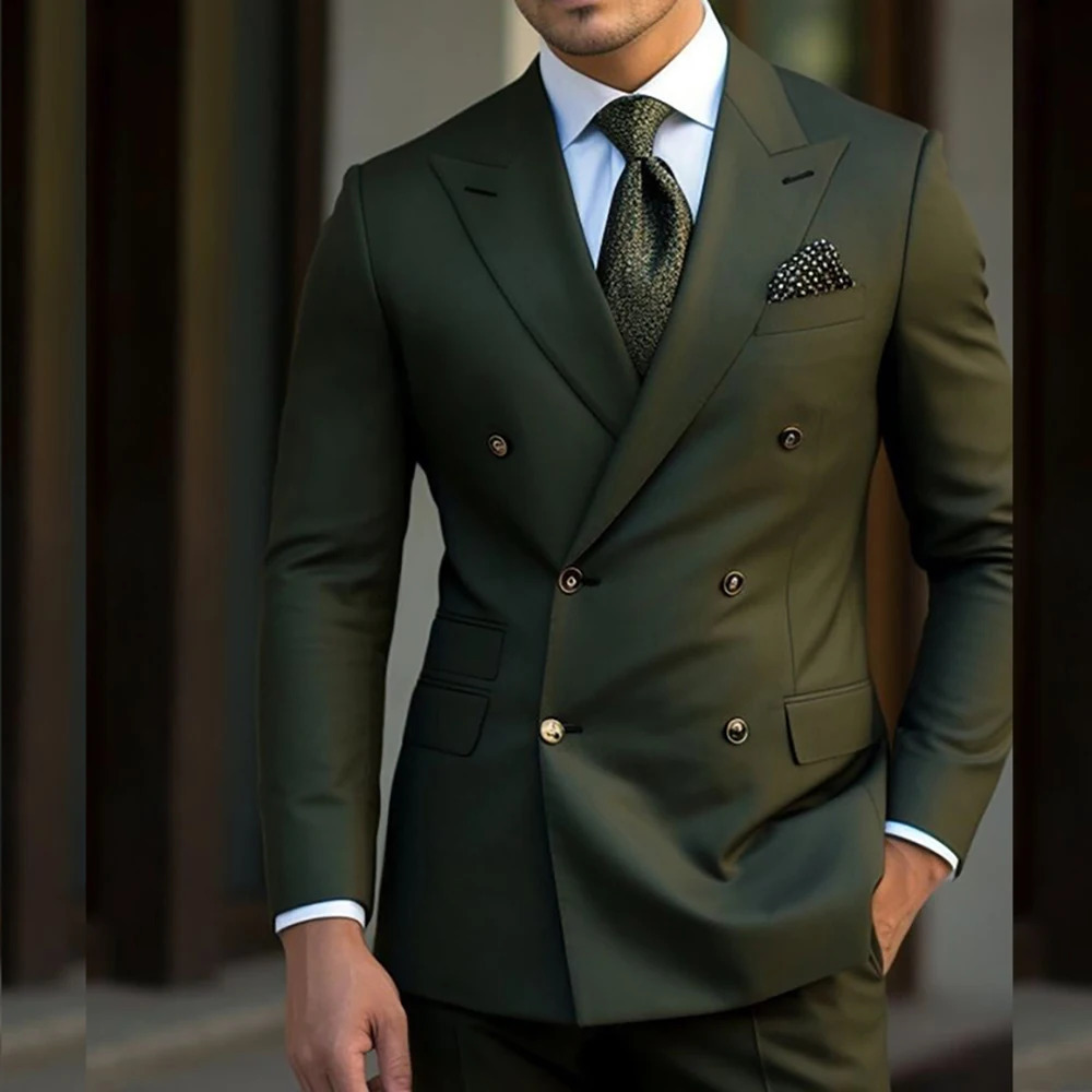 Elegant Dark Green Suits for Men Double Breasted Lapel Slim Fit Male Clothing Handsome 2 Piece Jacket Pants Blazer 241115