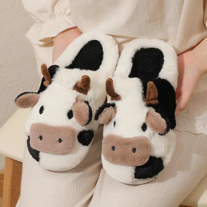 Winter Unisex Family Look Shoes Cartoon Cow Warm Childrens Plush Slippers For Girls Boys Indoor Nonslip Mule Home Cotton Shoes 241115