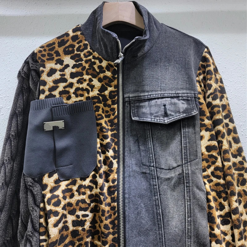 KBQ Hit Color Leopard Denim Jacket for Women Flip Collar Long Sleeve Splicing Zipper Street Clothing Jacket Womens Fashion Autumn 241115