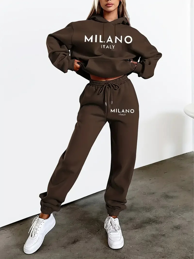 MILANO letter Printed Women Hoodie set Street Hip Hop Clothing Casual Female 2pcs Plush sweatshirt Perfect for Outdoor 241115