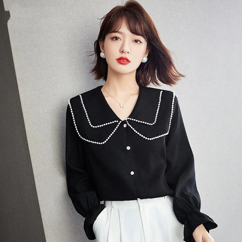 Doll Collar Black Shirt Womens Spring Long Sleeve Cover Abdominal Westernized Sweet Unique Temperature Top 241115