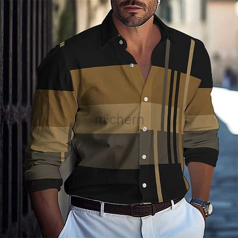 Men's Casual Shirts Mens shirt buttoned casual summer beach long sleeve plaid color block lapel Hawaiian vacation fashion 240416