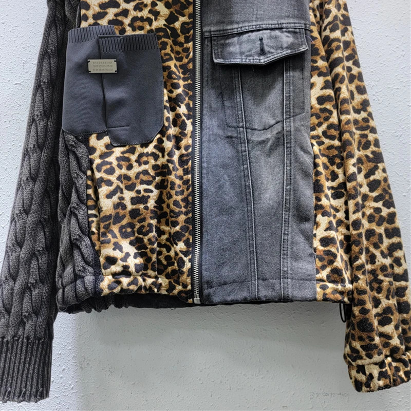 KBQ Hit Color Leopard Denim Jacket for Women Flip Collar Long Sleeve Splicing Zipper Street Clothing Jacket Womens Fashion Autumn 241115