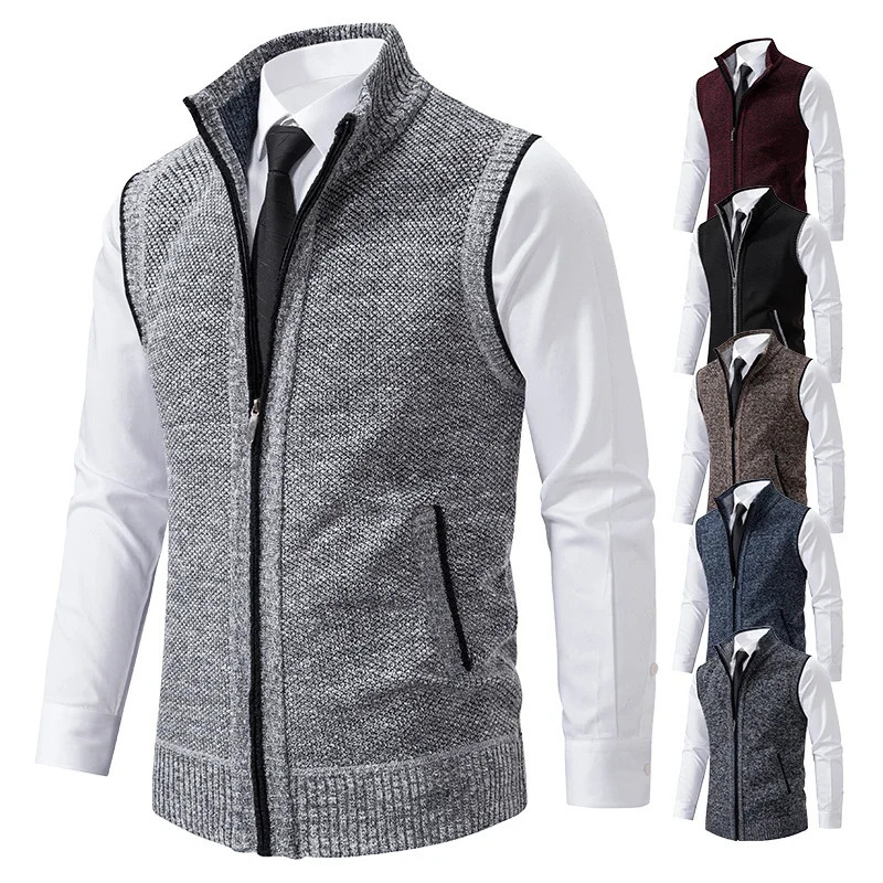 Vest Men Knitted Sleeveless Sweater Jacket Wool Velvet Zipper Cardigan Turndown Pullovers Turtleneck Sweatercoat Knit Waistcoat 241115