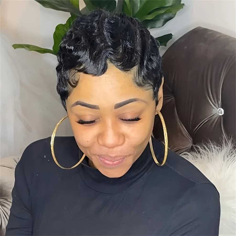 Man made Remy Hair for Women Daily Using Short Finger Wave e Cut Human Hair Wig 4 inches Natural Black 150% Density W241116