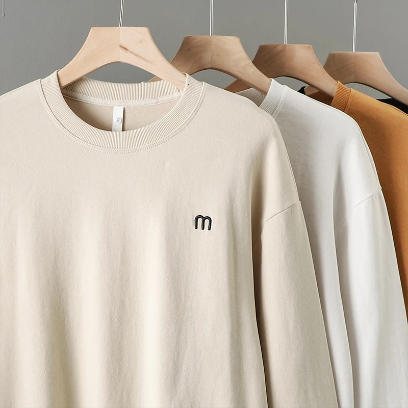 Dukeen 340gsm Heavy Embroidered Sweatshirt Men Plain Long-Sleeved T-Shirt Round-Neck Loose Trend Solid Coloe Tops 240409