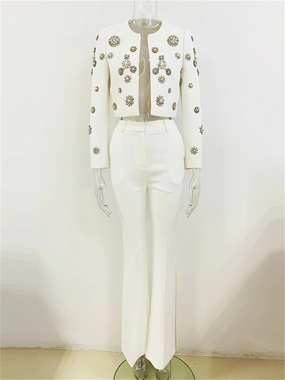 Crystal 2piece ultrathin womens set including short sleeved jacket and glitter pants with side seam handheld Rhinestone tailcoat 241115