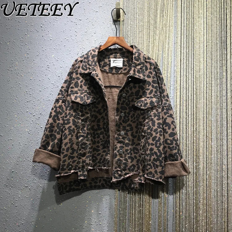 autumn leopard print loose BF lapel long sleeved denim jacket short coat womens denim jacket top Y2K winter coat 241115
