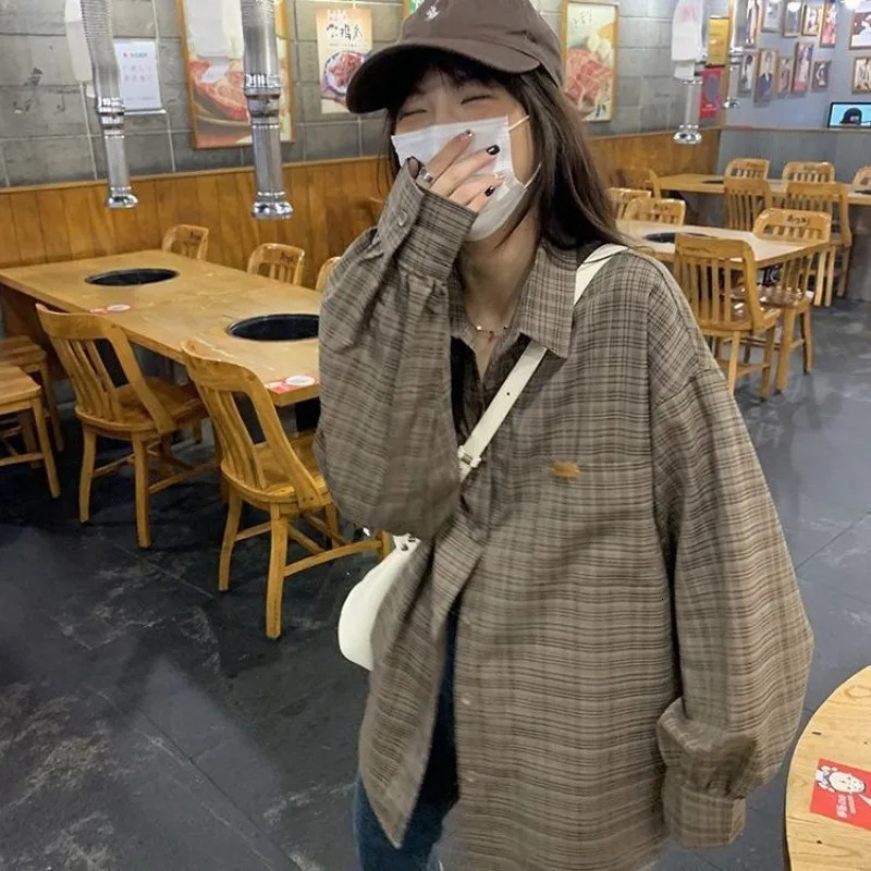 QWEEK retro casual oversized womens plain weave Korean style basic comfortable shirt prefabricated long sleeved clothing Harajuku autumn 241115